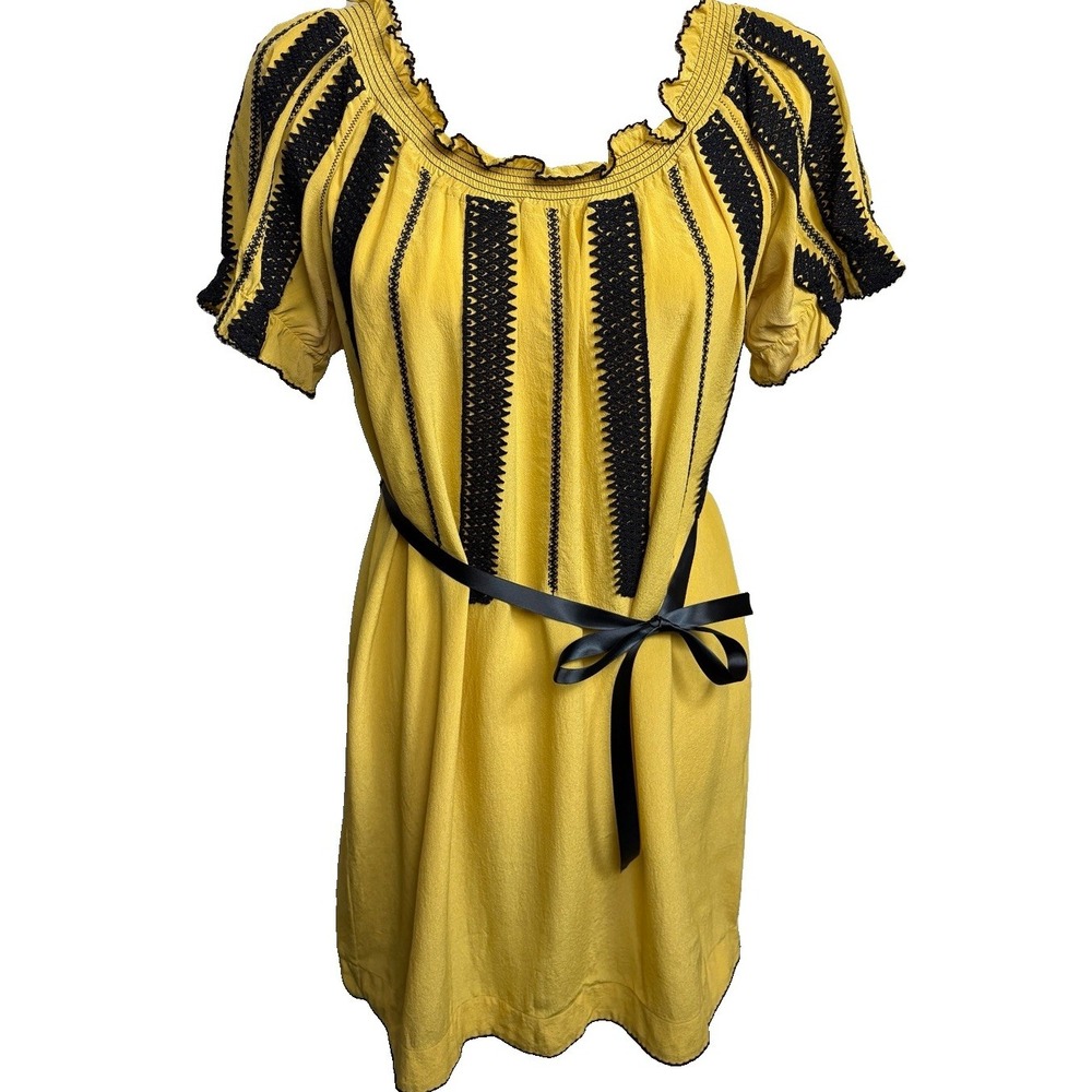 Anthropologie Floreat 100% Silk Mini Dress Womens 4 Yellow Embroidered Parisian